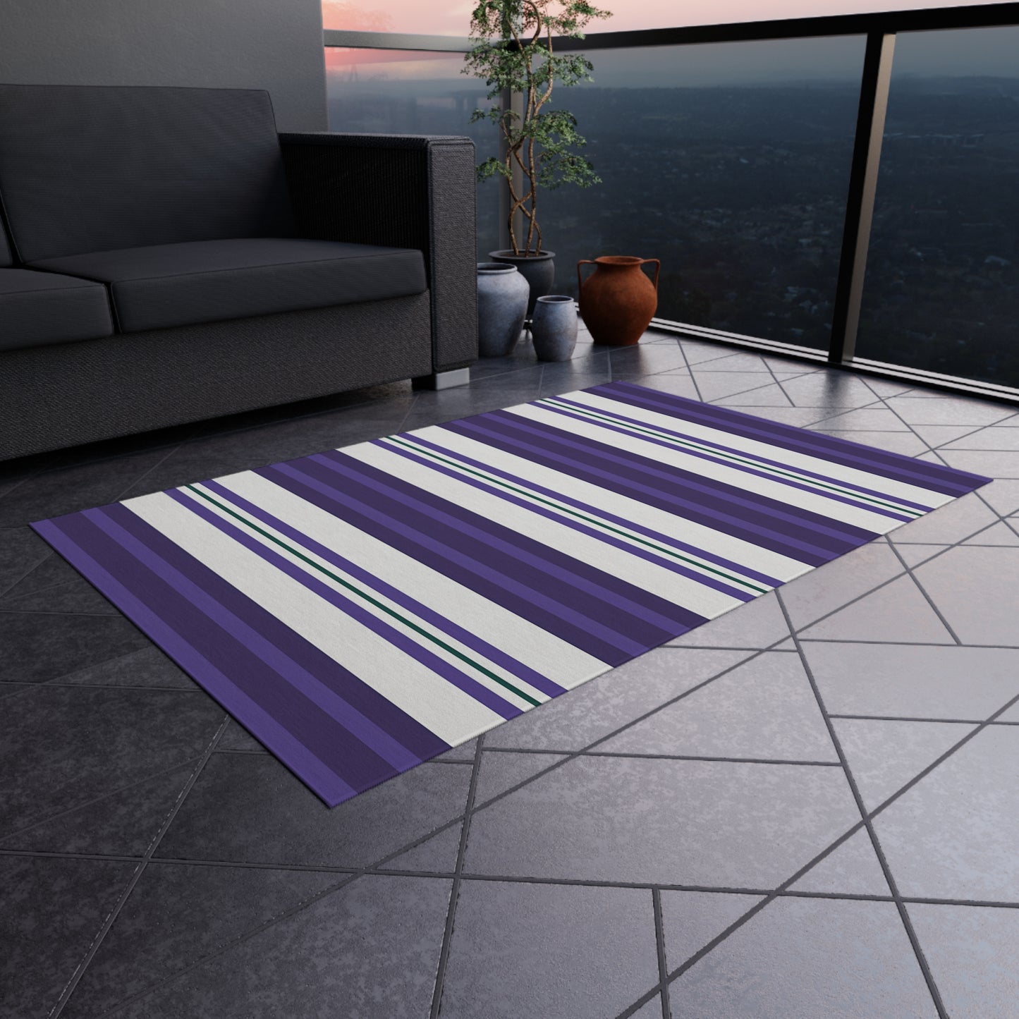 Purple White Stripe Pattern Outdoor/Indoor Rug | Coastal Patio Mat