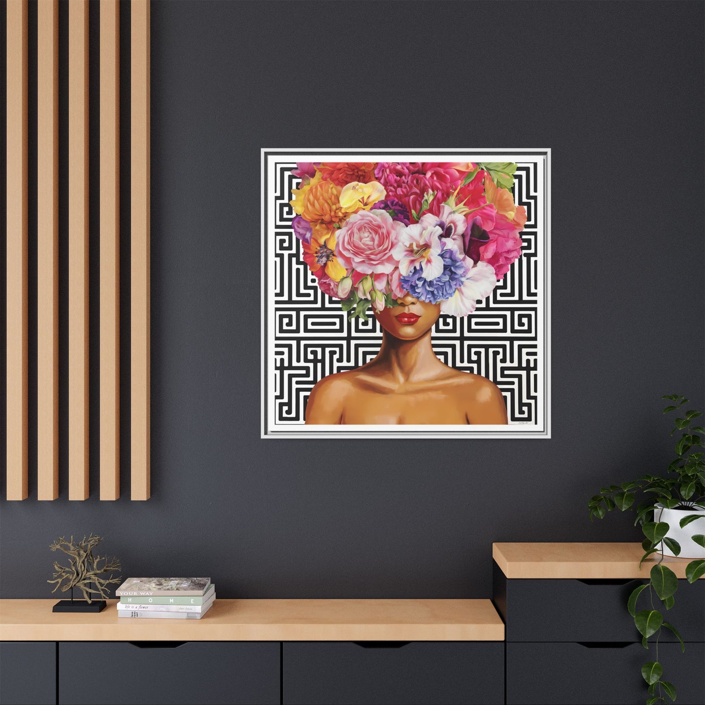 Framed Art Canvas: Vibrant Floral Portrait Decor, Boho Wall Art, Home Gallery, Gift for Her, Inspirational Art, Woman With Flower Head - LOLA VEGAS ART