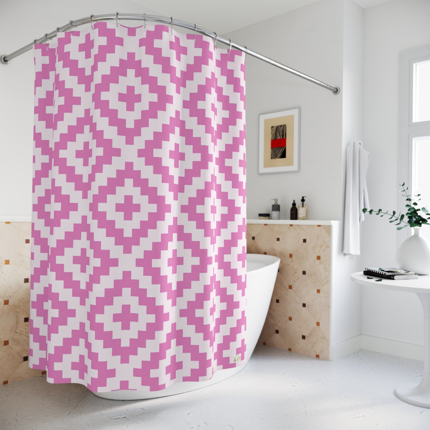 Pink Geometric Diamond Pattern Shower Curtain | Pixel Aztec Bath, Boho Bathroom Accessory