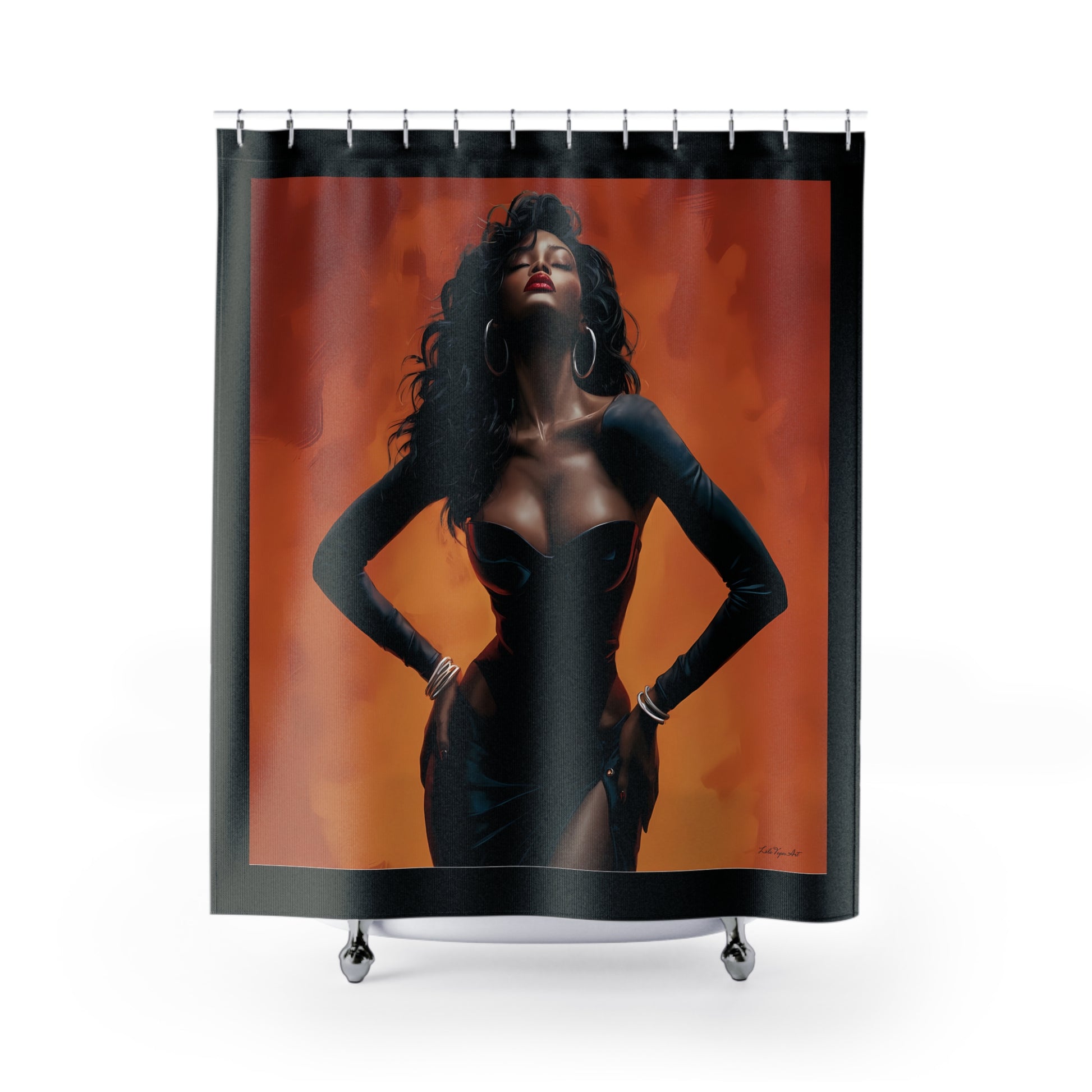 Black Sun Goddess Woman Shower Curtain - Black Girl Magic, African American Art, Bathroom Accessories, Orange Background - LOLA VEGAS ART