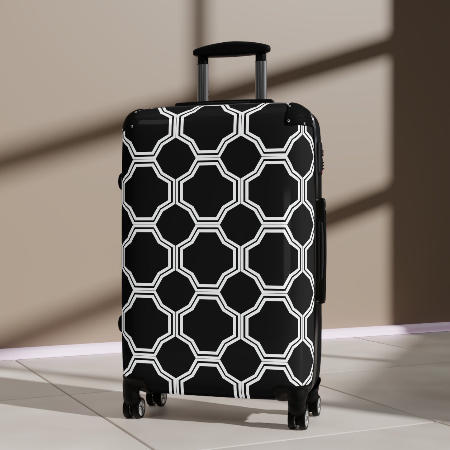 Black and White Octagon Tile Suitcase | Geometric Pattern Travel Luggage