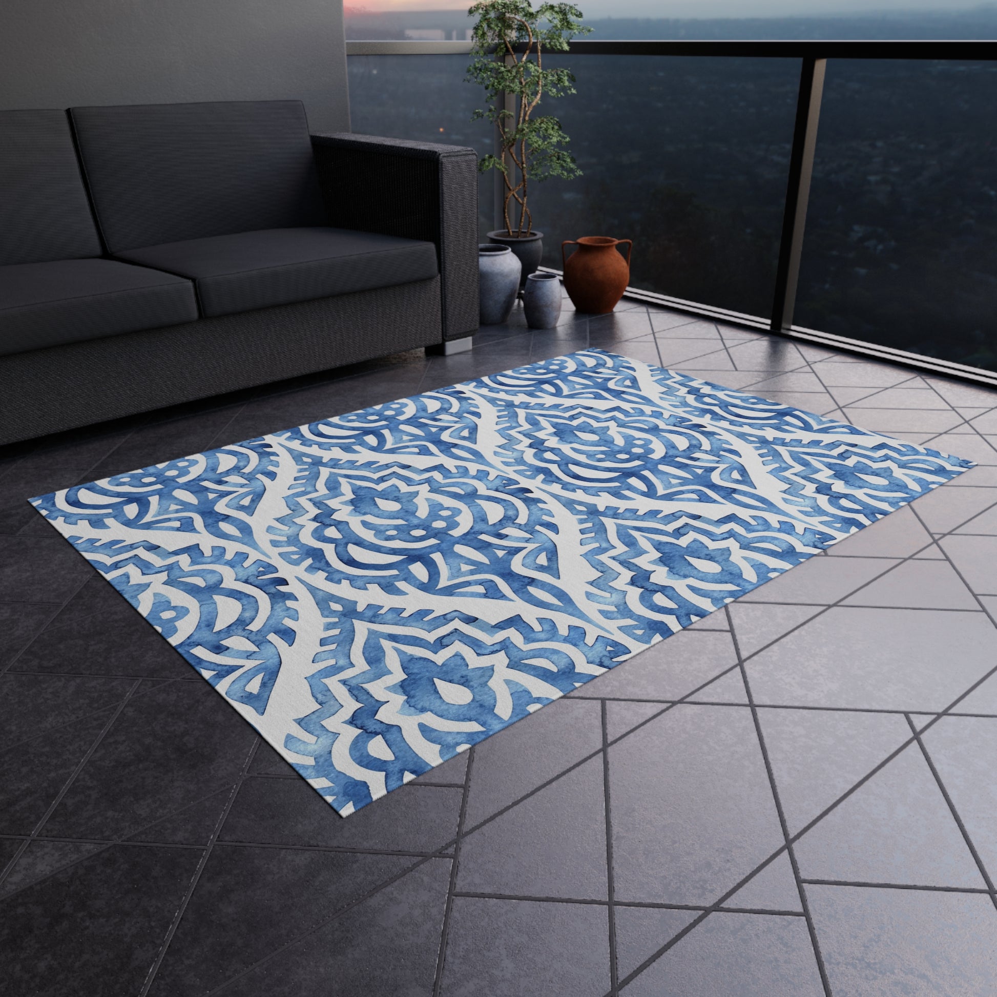 Outdoor/Indoor Rug in Elegant Blue Pattern, Patio Decor, Garden Style, Camping Accessory, Indoor/Outdoor Mat - LOLA VEGAS ART