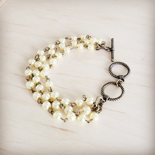 Champagne Pearl Triple Strand Beaded Bracelet 812a