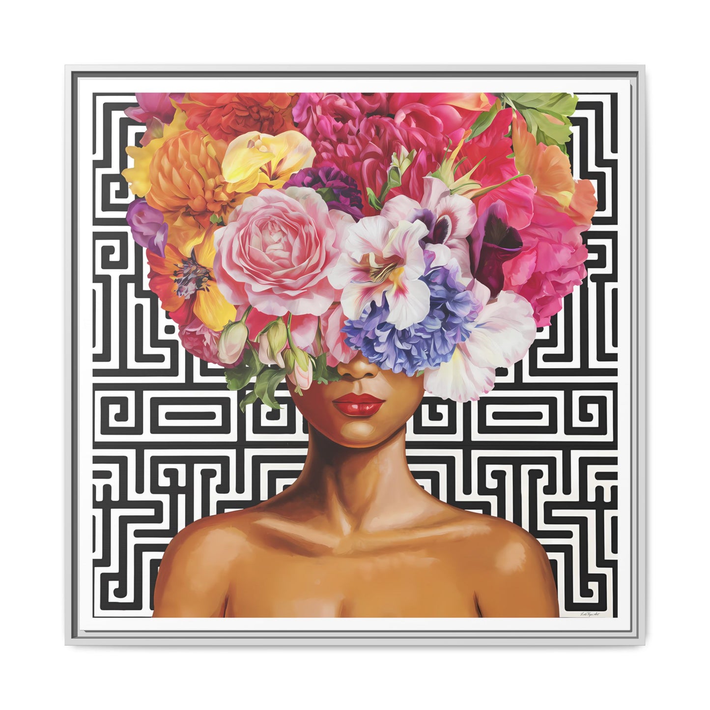 Framed Art Canvas: Vibrant Floral Portrait Decor, Boho Wall Art, Home Gallery, Gift for Her, Inspirational Art, Woman With Flower Head - LOLA VEGAS ART
