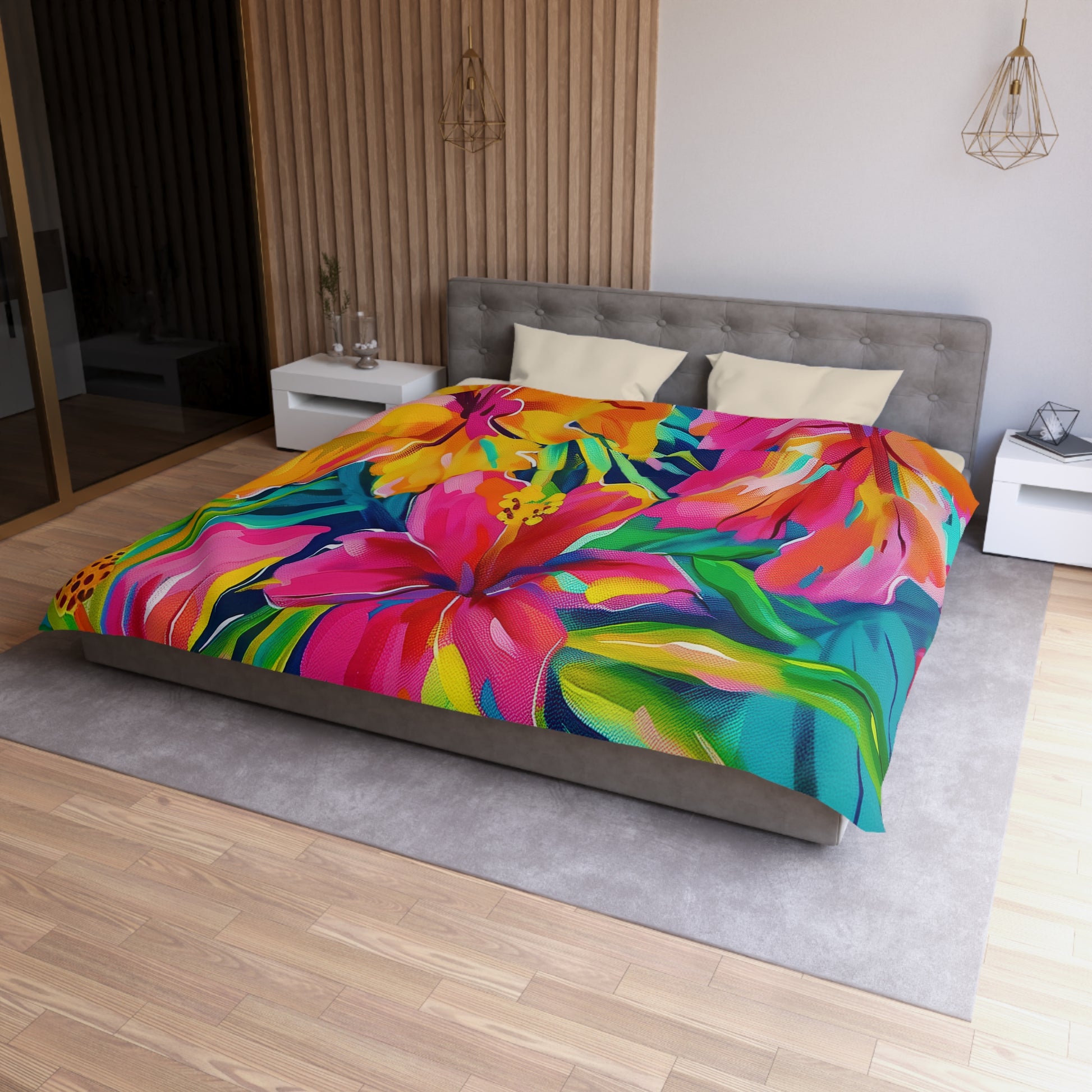 Tropical Floral Microfiber Duvet Cover - Vibrant Bedding, Boho Home Decor, Floral Print Cover, Summer Vibes, Gift for Her, Pink and Green - LOLA VEGAS ART