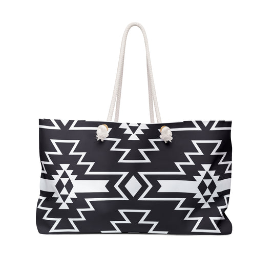 Black and White Stylish Weekender Bag - Perfect Travel Tote, Travel Bag, Gym Carryall, Beach Tote, Black and White Tribal Design - LOLA VEGAS ART