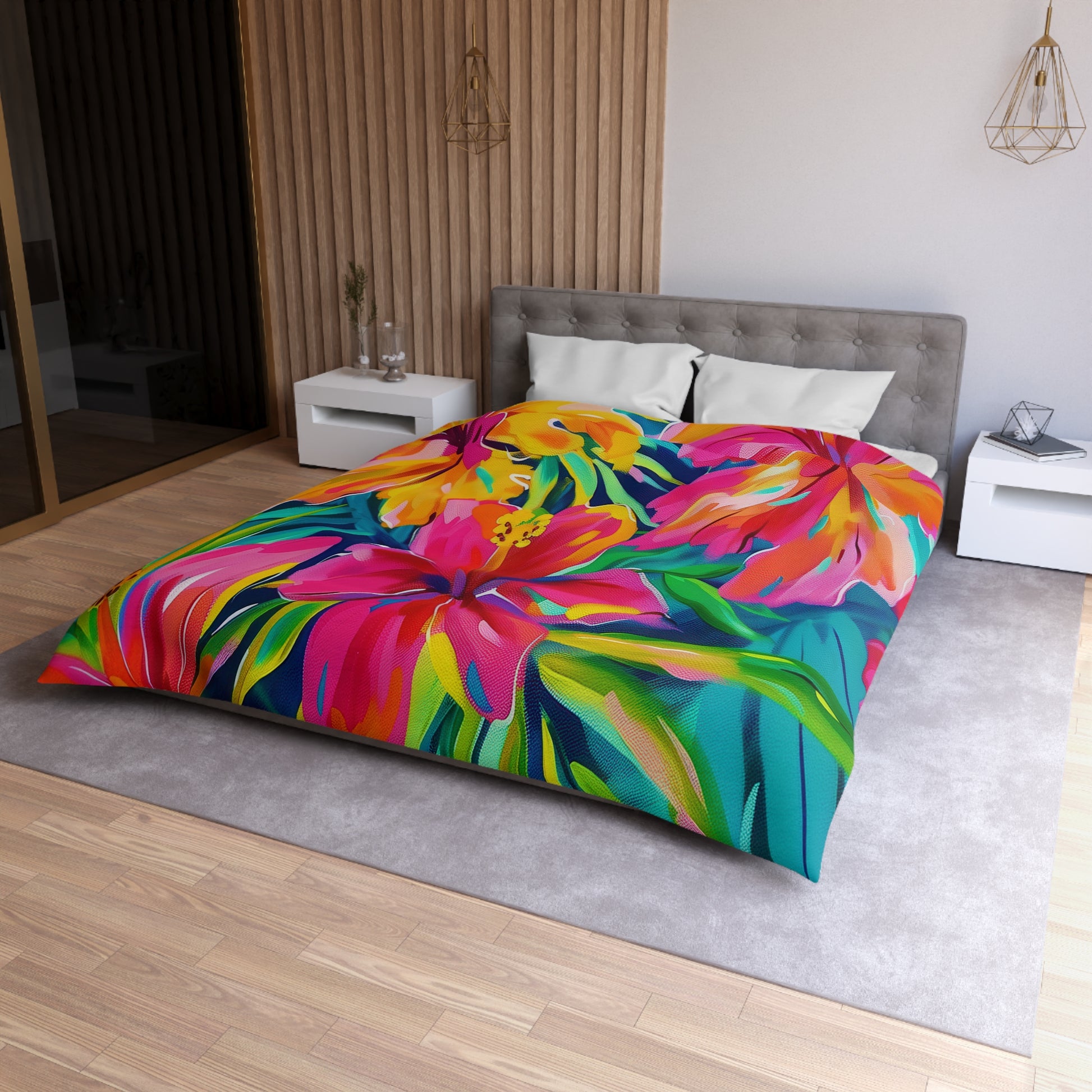 Tropical Floral Microfiber Duvet Cover - Vibrant Bedding, Boho Home Decor, Floral Print Cover, Summer Vibes, Gift for Her, Pink and Green - LOLA VEGAS ART