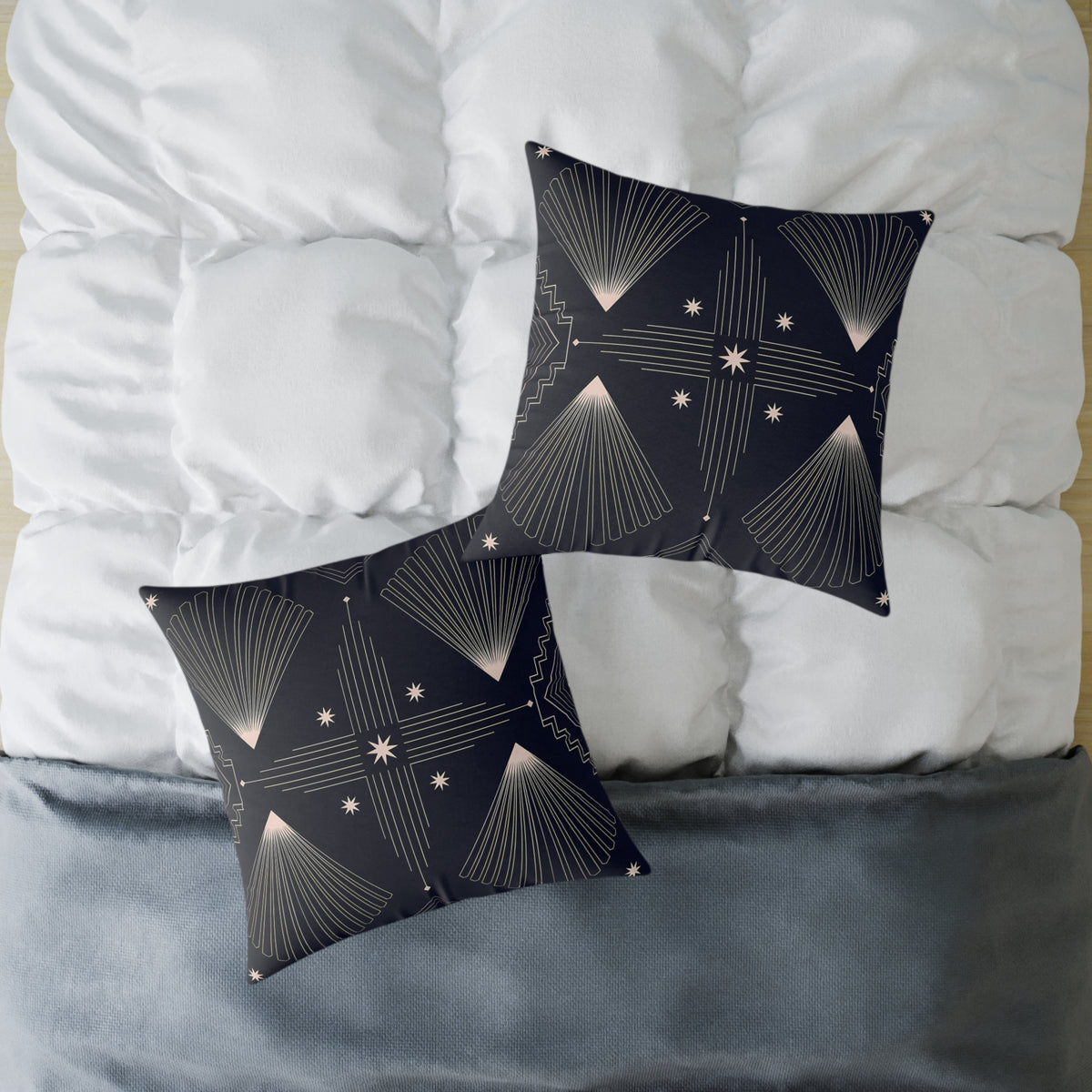 Indigo Blue Art Deco Starburst Square Pillow | Geometric Night Sky Throw Pillow