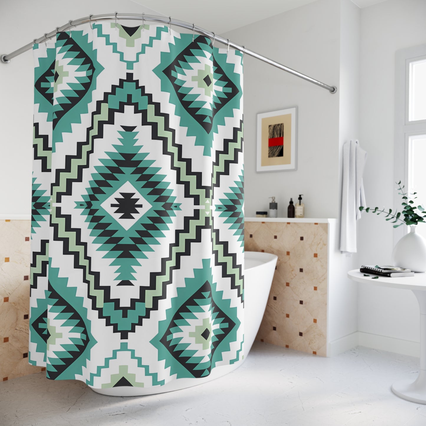 Geometric Turquoise Shower Curtain, Modern Bathroom Decor, Boho Chic Home, Unique Gift Idea, Tribal Pattern Bathroom Accessory - LOLA VEGAS ART