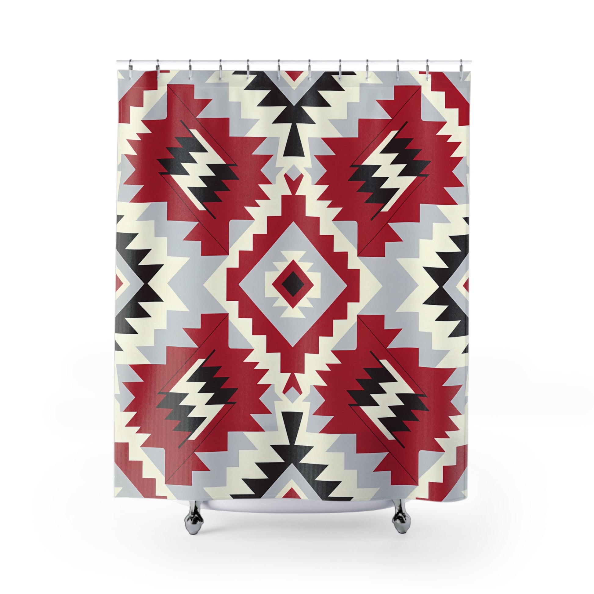 Boho Chic Shower Curtains, Tribal Pattern Bathroom Decor, Modern Native American Style, Red Gray Shower Decor, Unique Gift Ideas - LOLA VEGAS ART