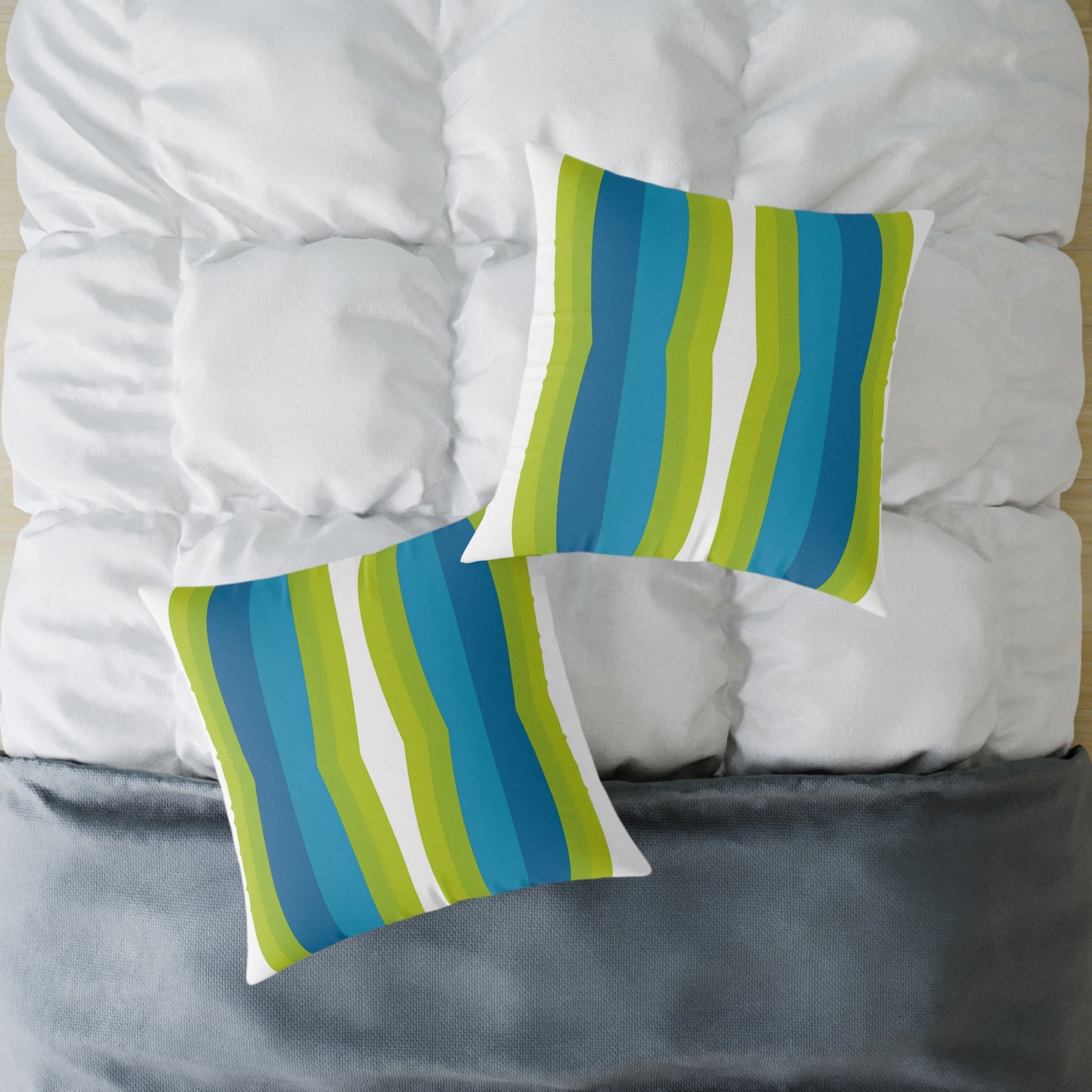 Blue Green Striped Wave Square Poly Canvas Pillow | Modern Geometric Throw Pillow