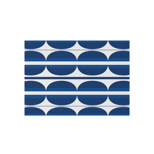 Blue White Geometric Retro Circles Outdoor Rug | Navy Patterned Mat