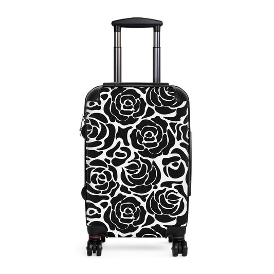 Black White Rose Pattern Suitcase | Floral Luggage