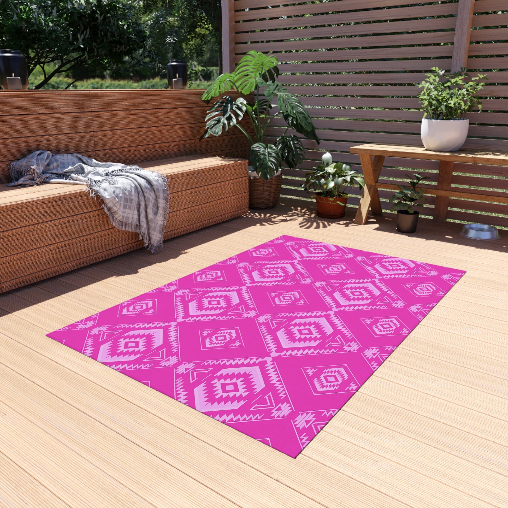Fuchsia Southwestern Vibrant Outdoor Rug - Pink Geometric Pattern, Patio Decor, Boho Chic, Outdoor Spaces, Garden Mat, Home Essentials - LOLA VEGAS ART