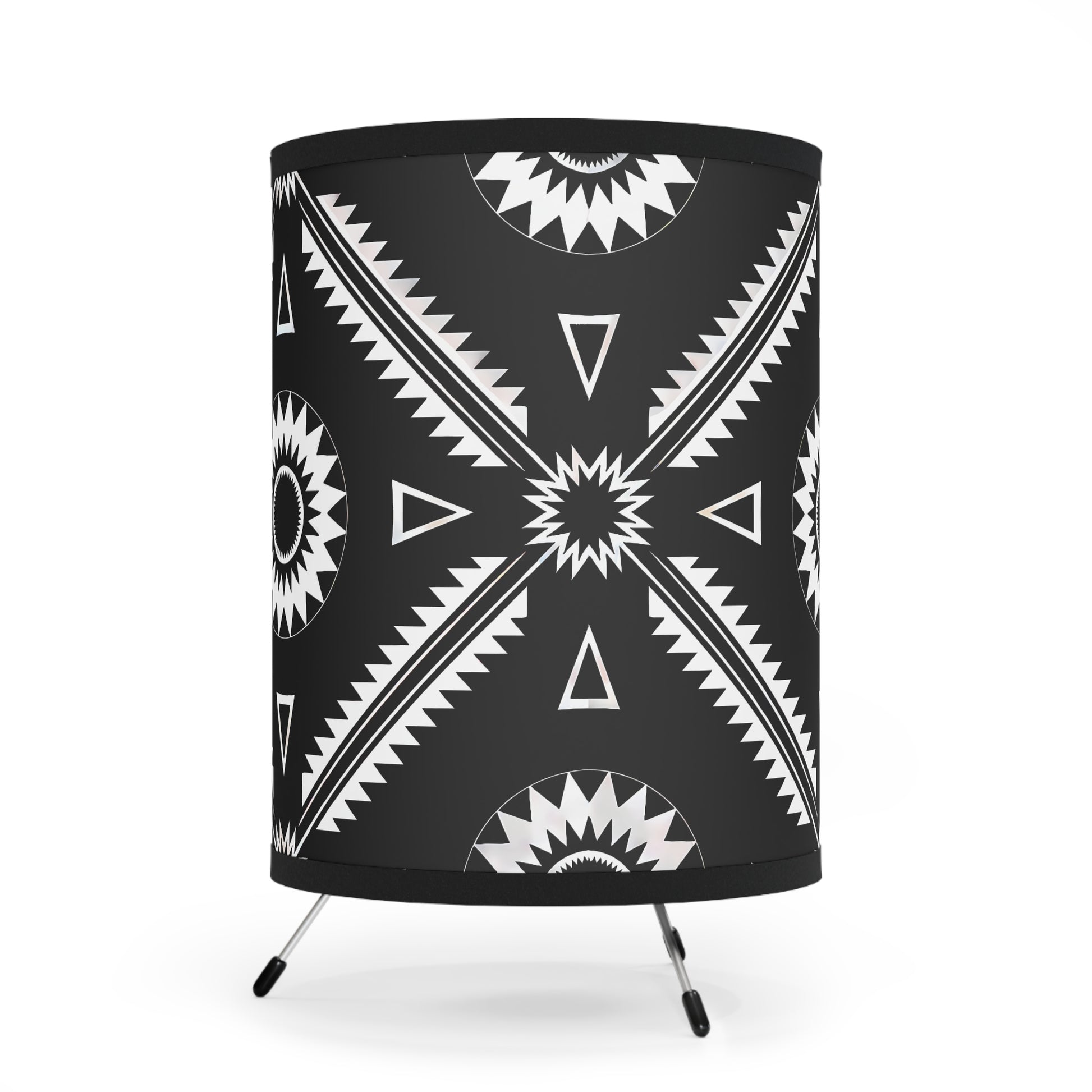 Modern Tribal Tripod Lamp, Boho Home Decor, Unique Lighting, Stylish Floor Lamp, Gift for Her, Cozy Room Accent, Black and White Design - LOLA VEGAS ART