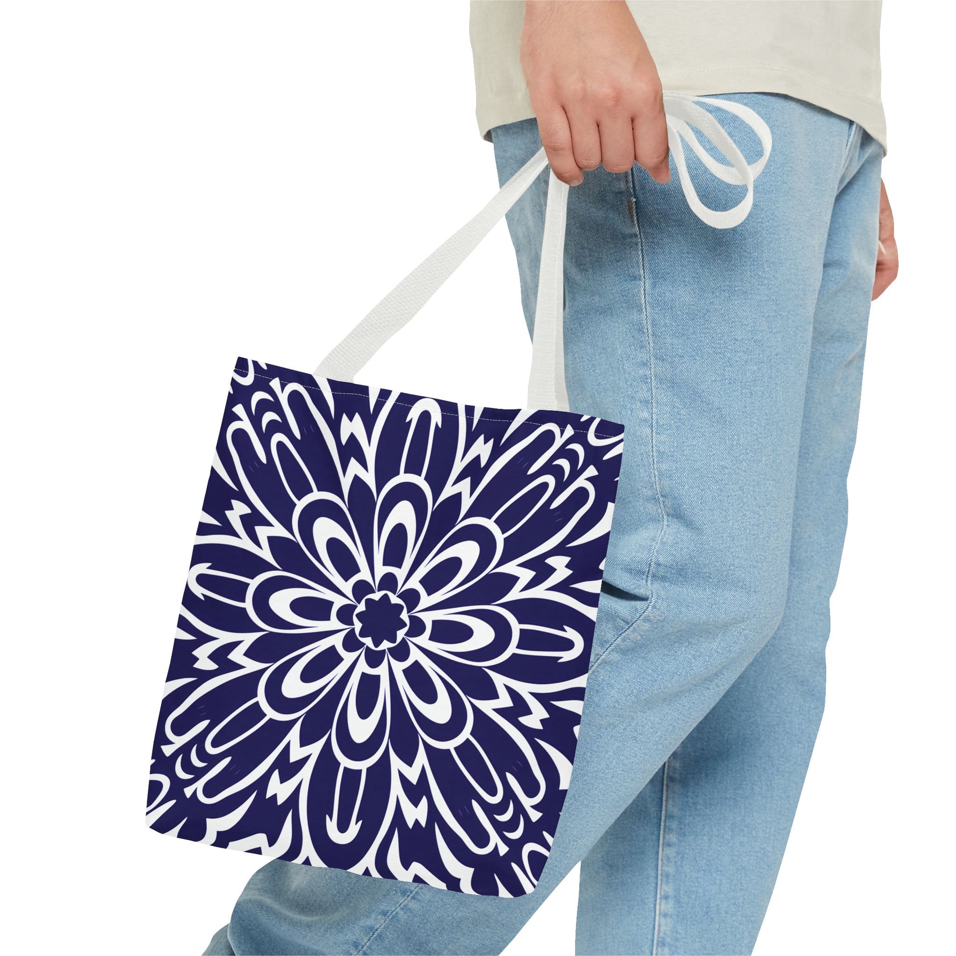 Vibrant Navy Blue and White Floral Tote Bag, Boho Chic Shopper Bag, Eco-Friendly Grocery Tote, Stylish Beach Bag, Gift for Mom or Bride - LOLA VEGAS ART