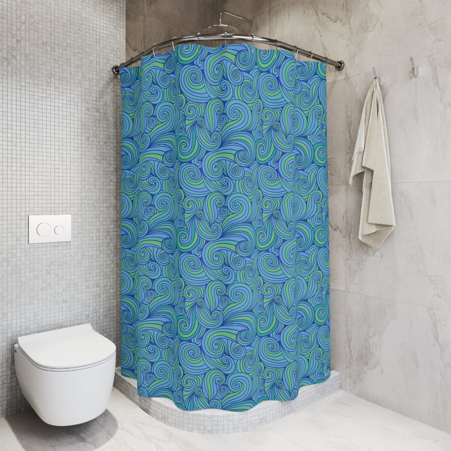 Blue Green Swirl Pattern Shower Curtain | Nautical Wave Bathroom Decor