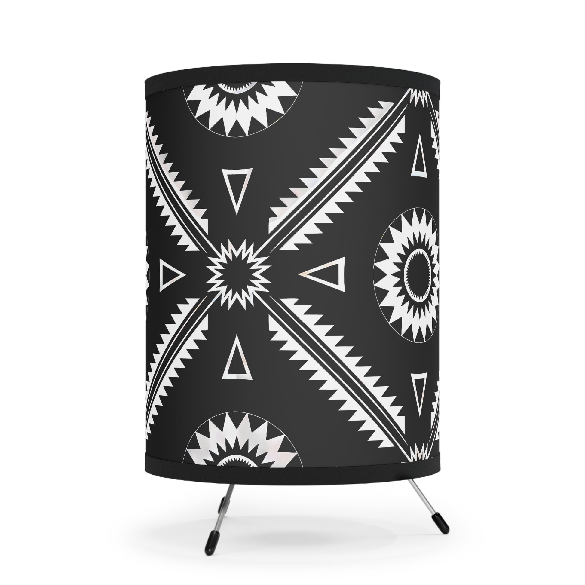 Modern Tribal Tripod Lamp, Boho Home Decor, Unique Lighting, Stylish Floor Lamp, Gift for Her, Cozy Room Accent, Black and White Design - LOLA VEGAS ART