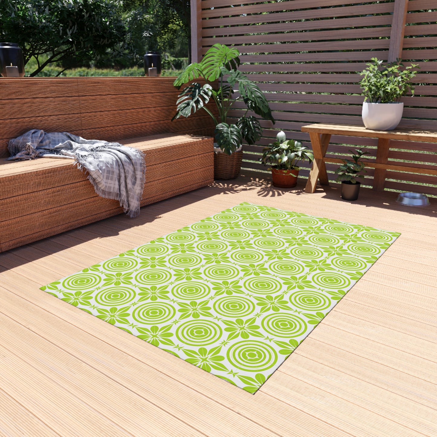Vibrant Green and White Outdoor Rug, Decorative Patio Mat, Garden Floor Covering, Picnic Area Carpet, Stylish Outdoor Decor