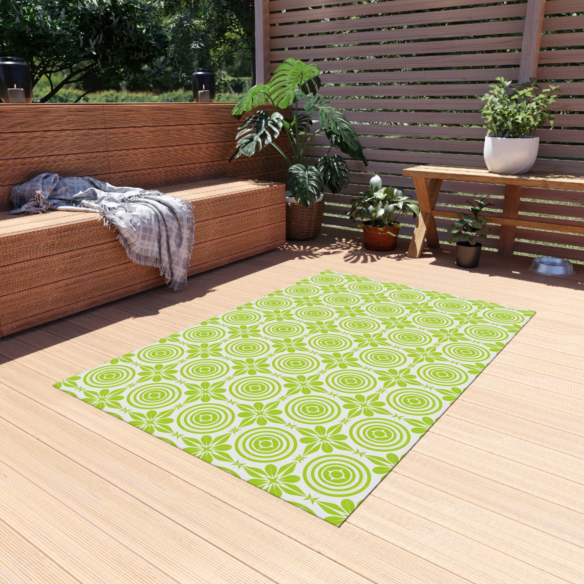 Vibrant Green and White Outdoor Rug, Decorative Patio Mat, Garden Floor Covering, Picnic Area Carpet, Stylish Outdoor Decor - LOLA VEGAS ART