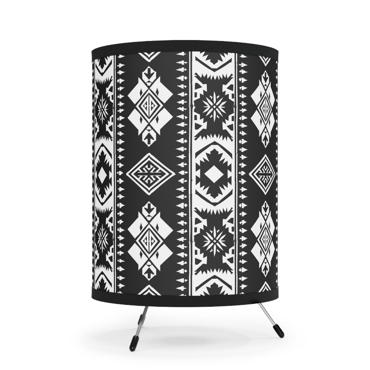 Bohemian Tripod Lamp - Modern Black and White Decor, Unique Table Light, Tribal Shade Lighting, Home Accent