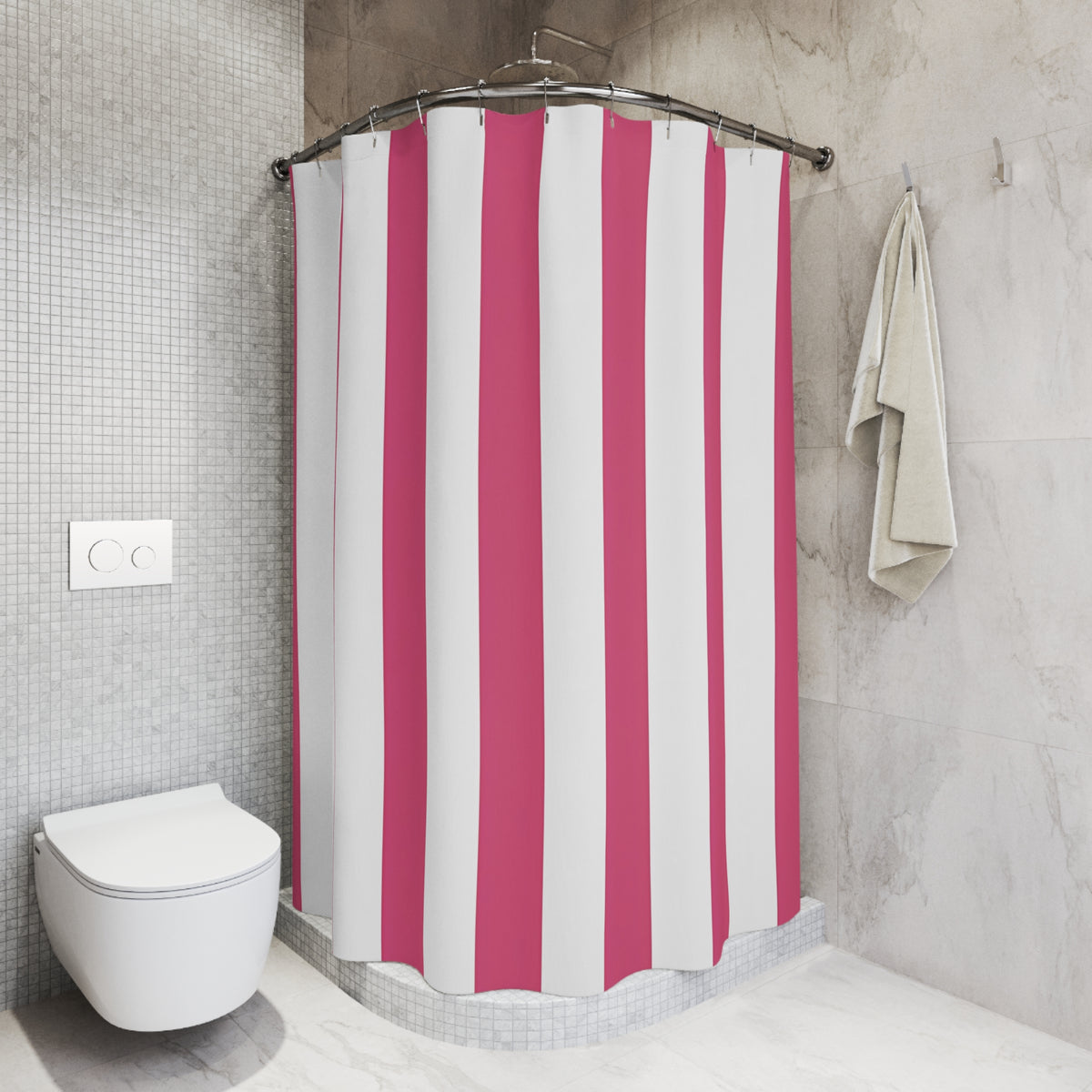 Pink and White Vertical Stripe Shower Curtain | Bathroom Stripe Decor