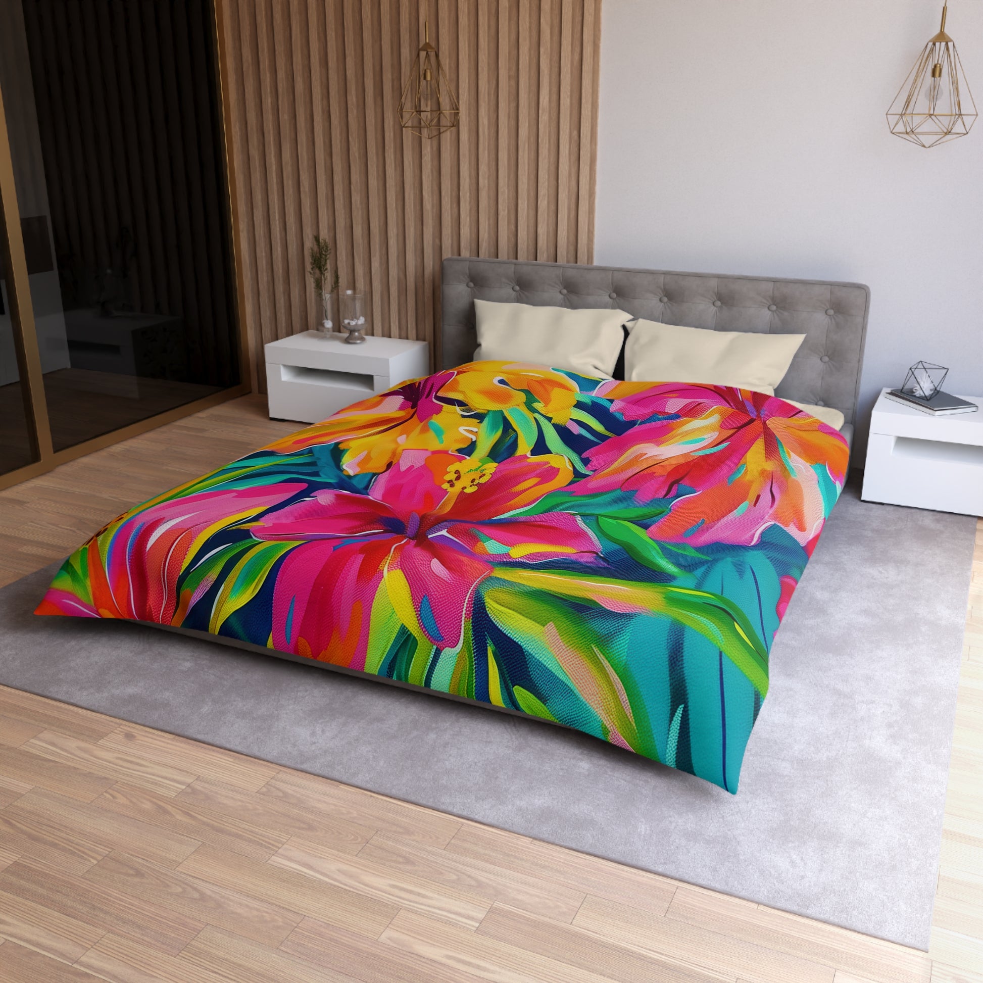 Tropical Floral Microfiber Duvet Cover - Vibrant Bedding, Boho Home Decor, Floral Print Cover, Summer Vibes, Gift for Her, Pink and Green - LOLA VEGAS ART