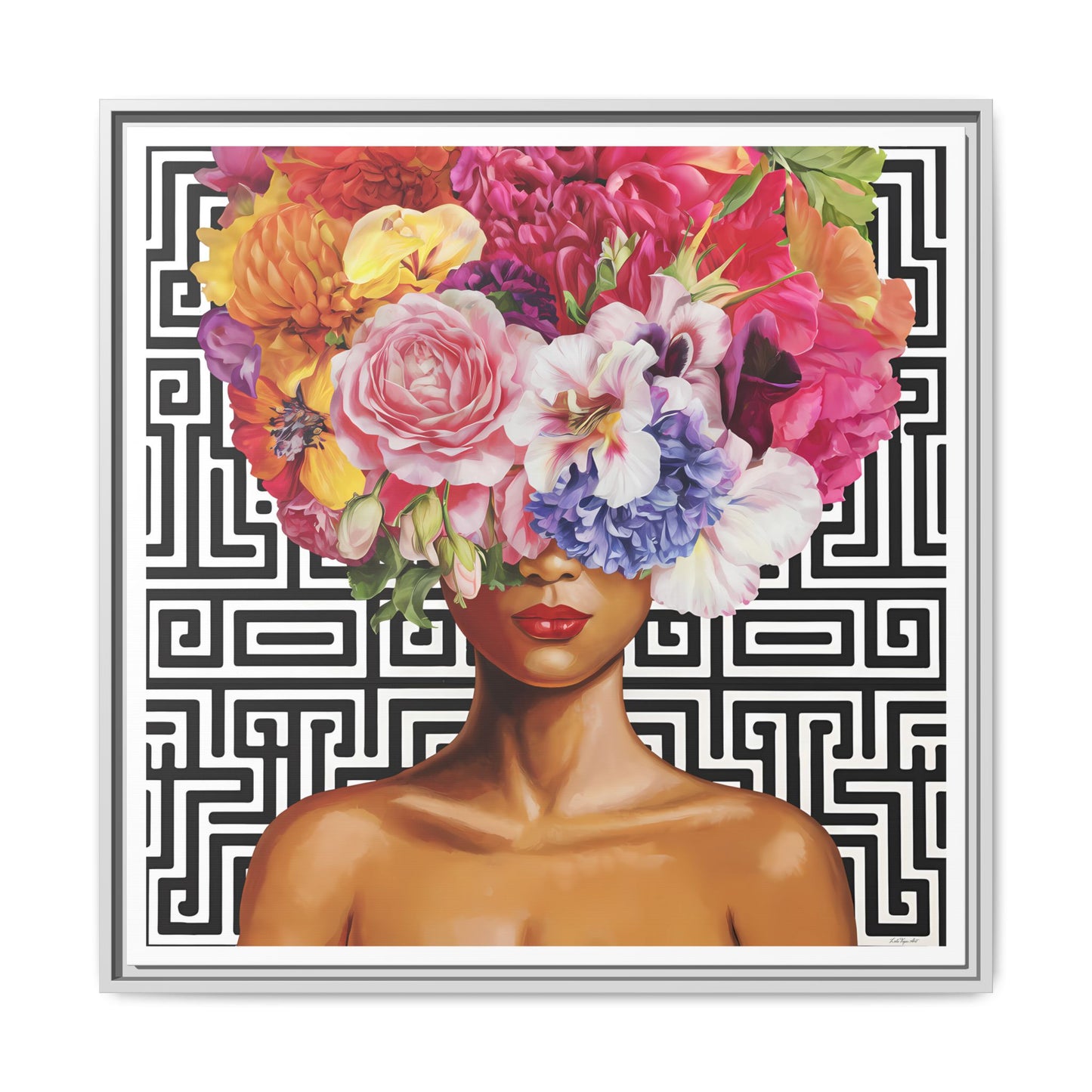 Framed Art Canvas: Vibrant Floral Portrait Decor, Boho Wall Art, Home Gallery, Gift for Her, Inspirational Art, Woman With Flower Head - LOLA VEGAS ART