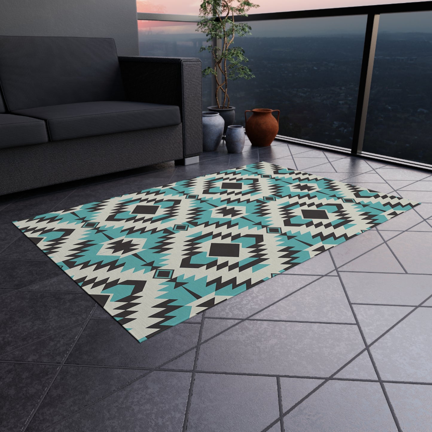 Turquoise, Black and White Stylish Outdoor Rug for Patios, Boho Decor, Area Mat, Deck Accessory, Indoor/Outdoor Use - LOLA VEGAS ART