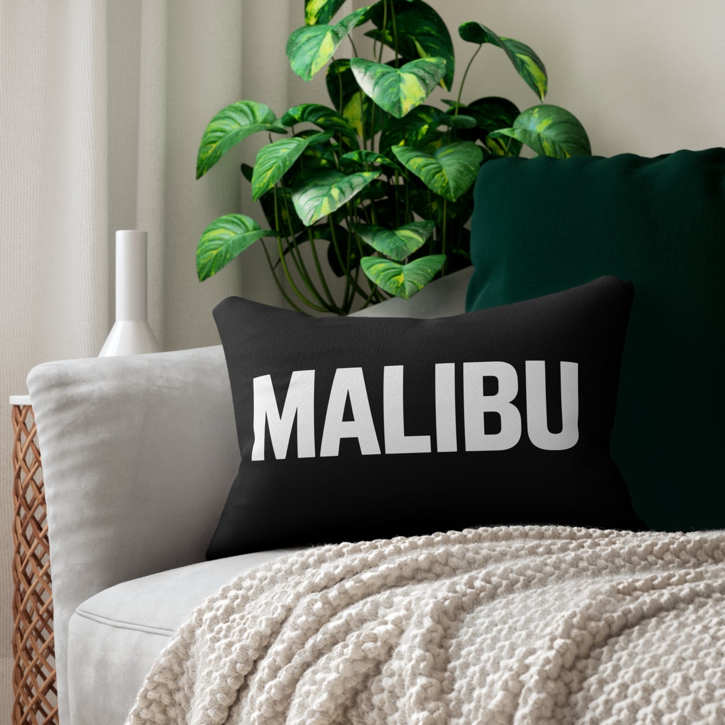 Malibu Text Lumbar Pillow Black White Beach Town Decor