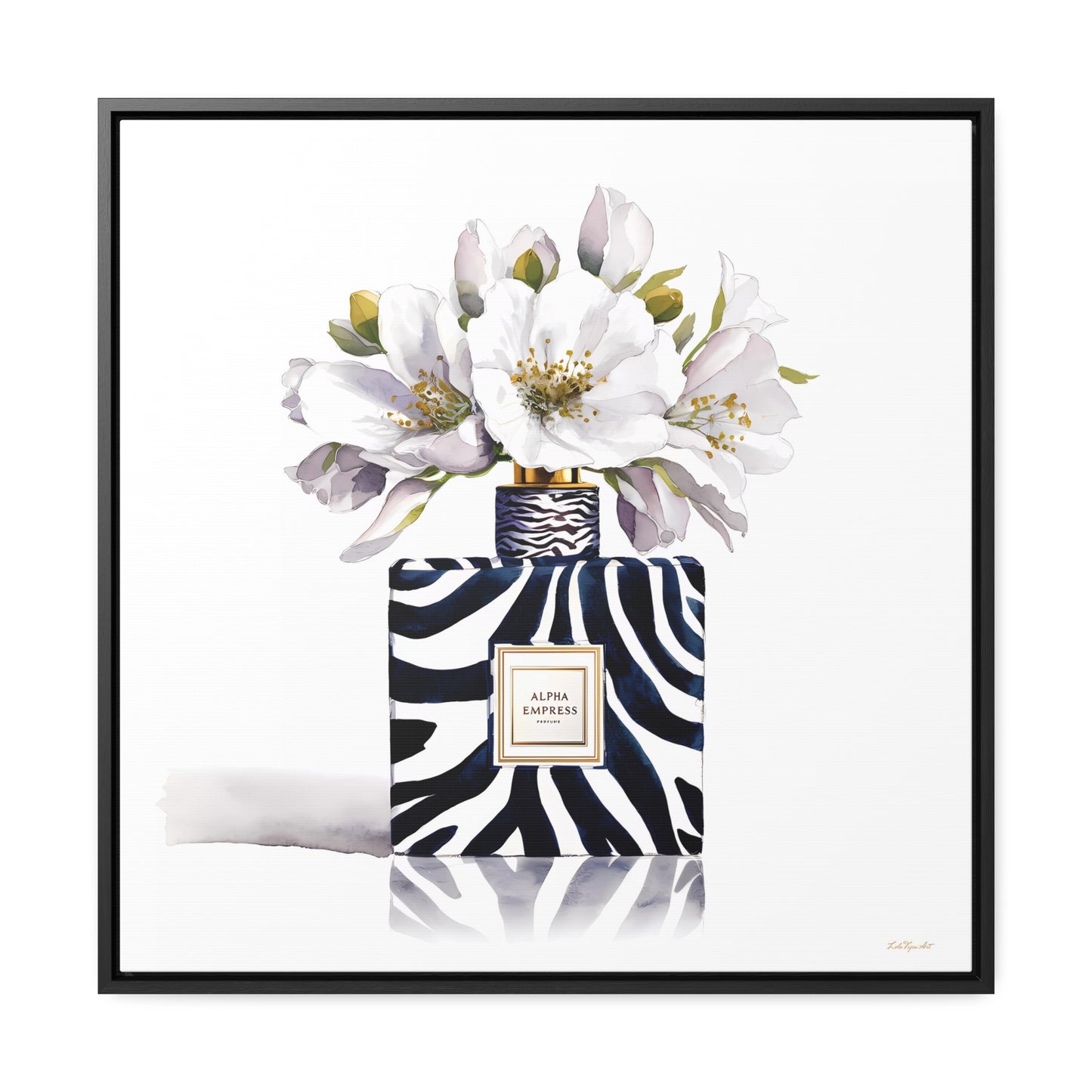 Framed Canvas Wall Art - Watercolor Zebra Perfume Bottle 'ALPHA EMPRESS' with White Flowers Print - LOLA VEGAS ART