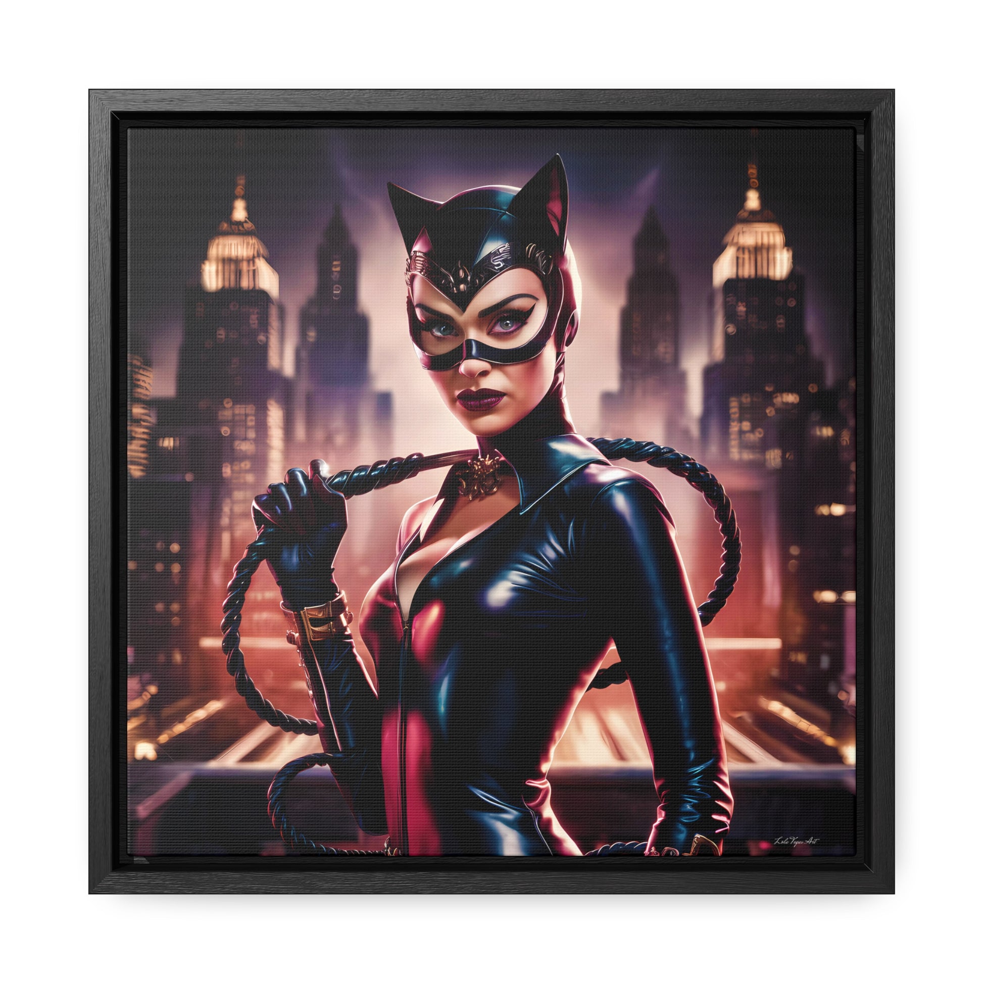 Catwoman Square Frame Canvas Wall Art, Retro Sexy Comic Villain Gallery Wrap, Gotham City Home Decor, Classic Catsuit Design, Bedroom Living - LOLA VEGAS ART