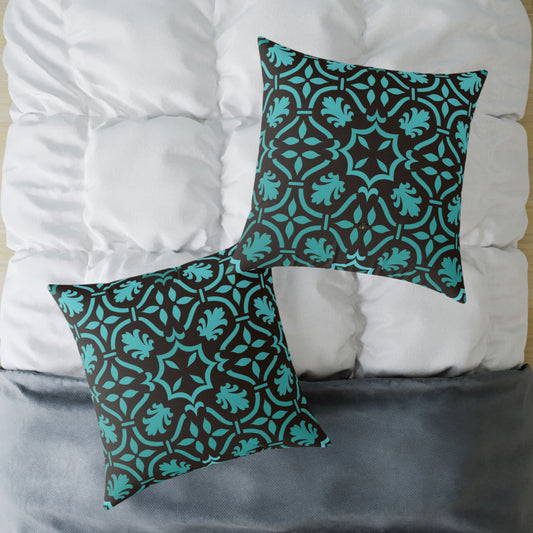 Teal Black Moroccan Tile Square Pillow | Poly Canvas Decorative Pillow