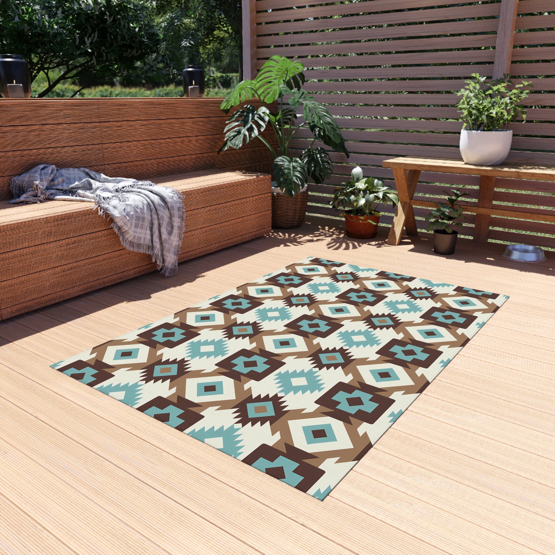 Turquoise, brown, white Stylish Outdoor/Indoor Rug for Patios, Bohemian Decor, Modern Outdoor Living, Picnic Essentials, Garden Party Decor - LOLA VEGAS ART