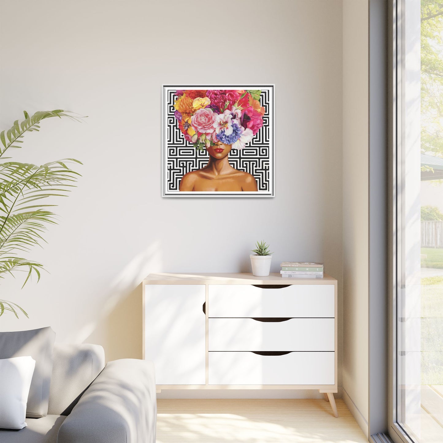 Framed Art Canvas: Vibrant Floral Portrait Decor, Boho Wall Art, Home Gallery, Gift for Her, Inspirational Art, Woman With Flower Head - LOLA VEGAS ART