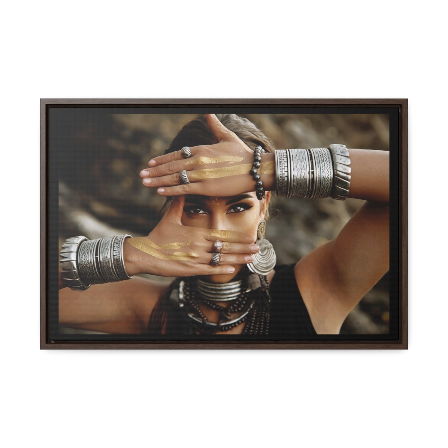 Indigenous Woman Silver Jewelry Square Canvas Wall Art, Ethnic Decor, Exotic Fine Art Photography, Mysterious Home Decor, Dramatic Wall - LOLA VEGAS ART