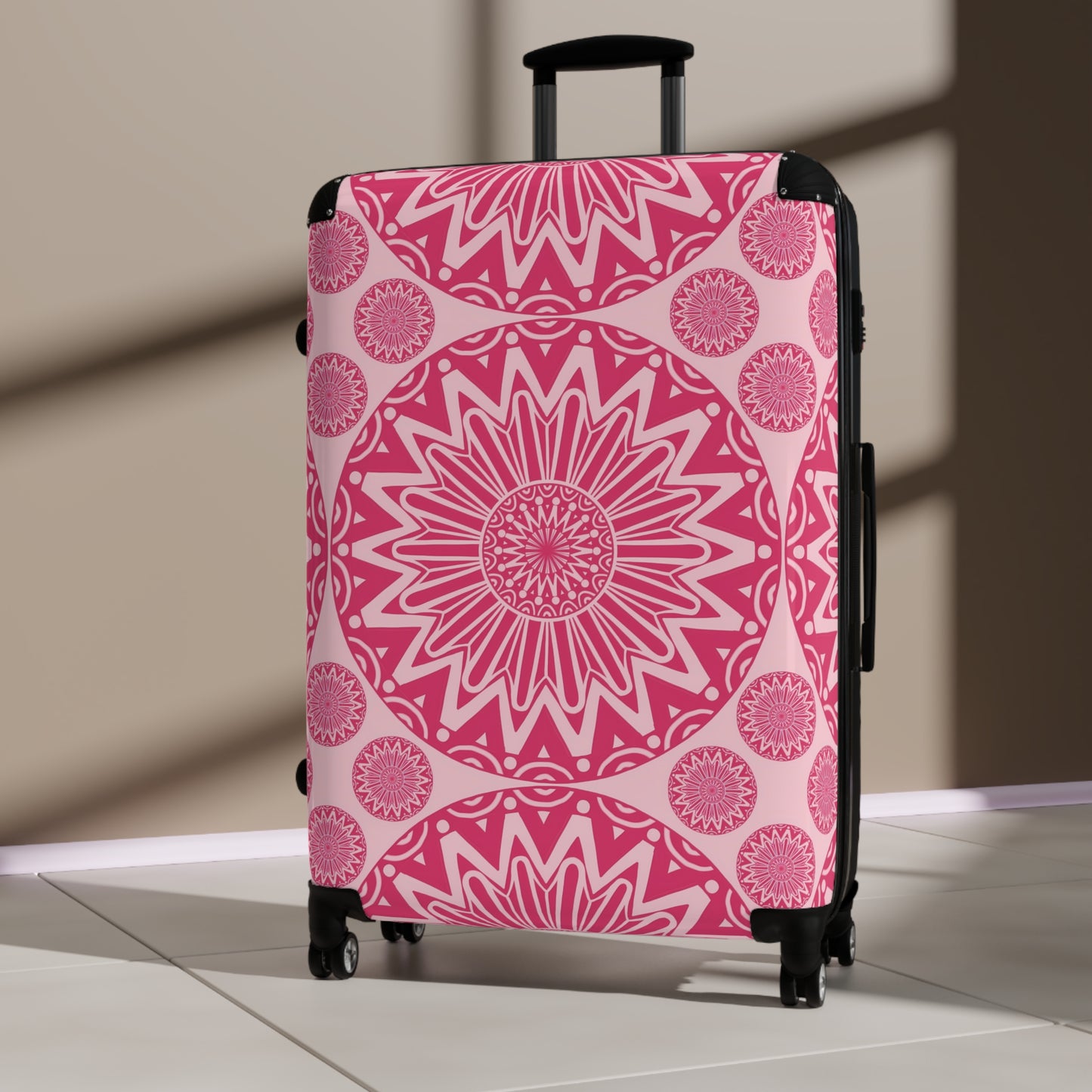 Pink Bohemian Mandala Suitcase, Stylish Luggage Cover for Travel, Unique Bag, Holiday Gift, Travel Accessory, Personalized Journey - LOLA VEGAS ART