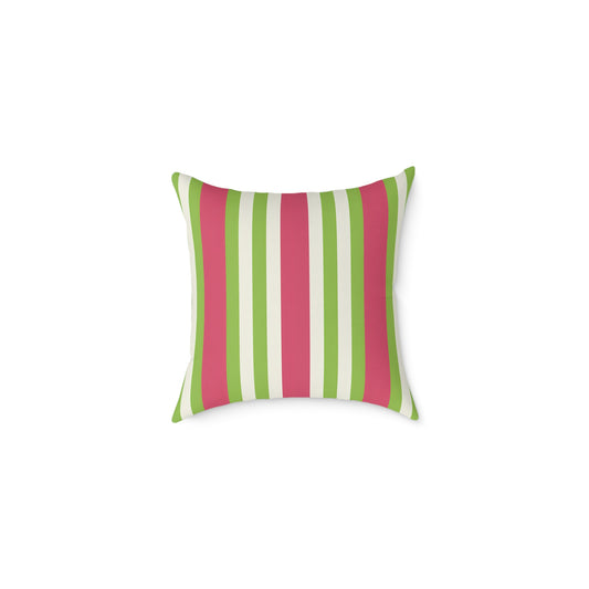 Watermelon Pink Green Vertical Stripe Pillow | Square Poly Canvas Pillow