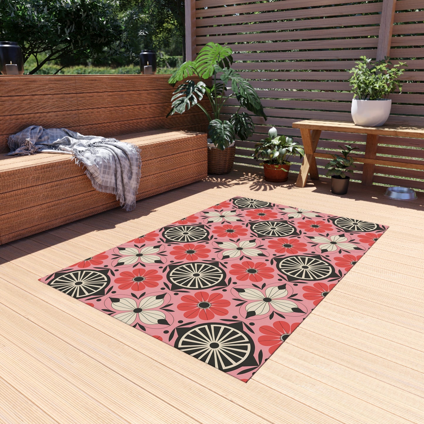 Pink, black and White Colorful Floral Outdoor/Indoor Rug, Garden Decor, Patio Mat, Boho Style Area Carpet, Eco-Friendly Home Accent