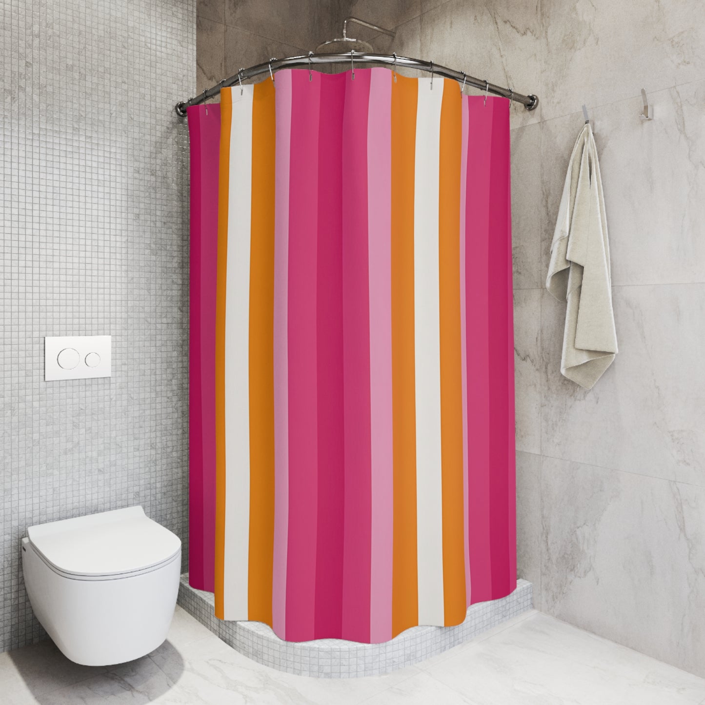 Pink Orange Stripe Shower Curtain | Retro Vertical Stripes Bathroom