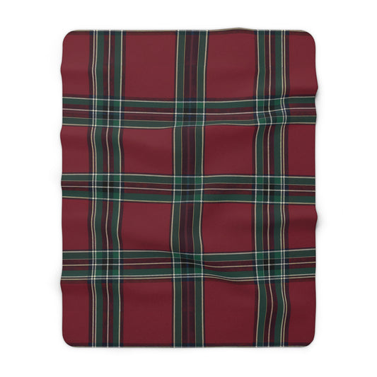Red Green Black White Beige Tartan Plaid Sherpa Blanket | Cozy Holiday Plaid Throw