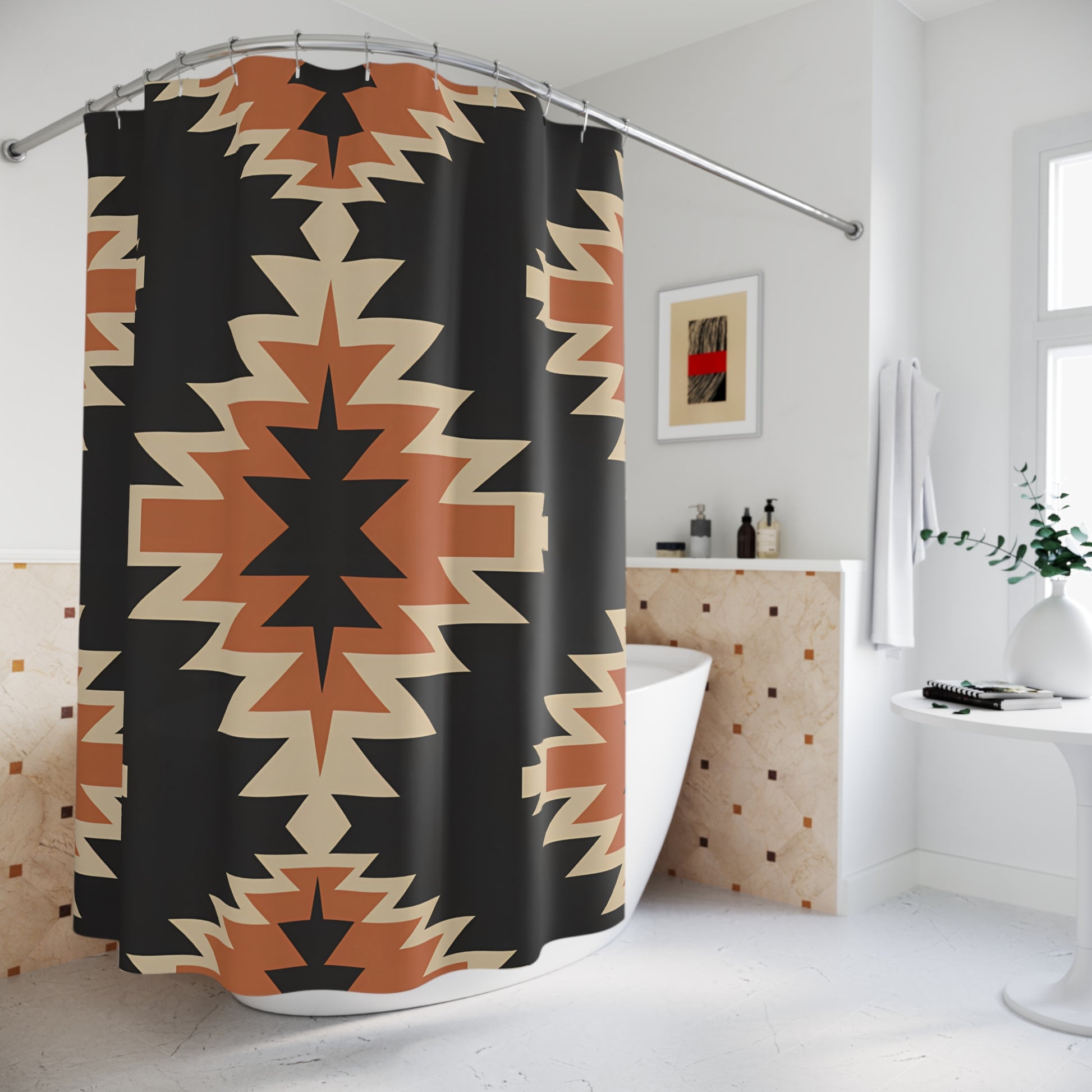 Southwestern Boho Shower Curtain, Geometric Bathroom Decor, Tribal Print Shower Curtain, Rustic Home Decor, Gift for Nature Lovers - LOLA VEGAS ART