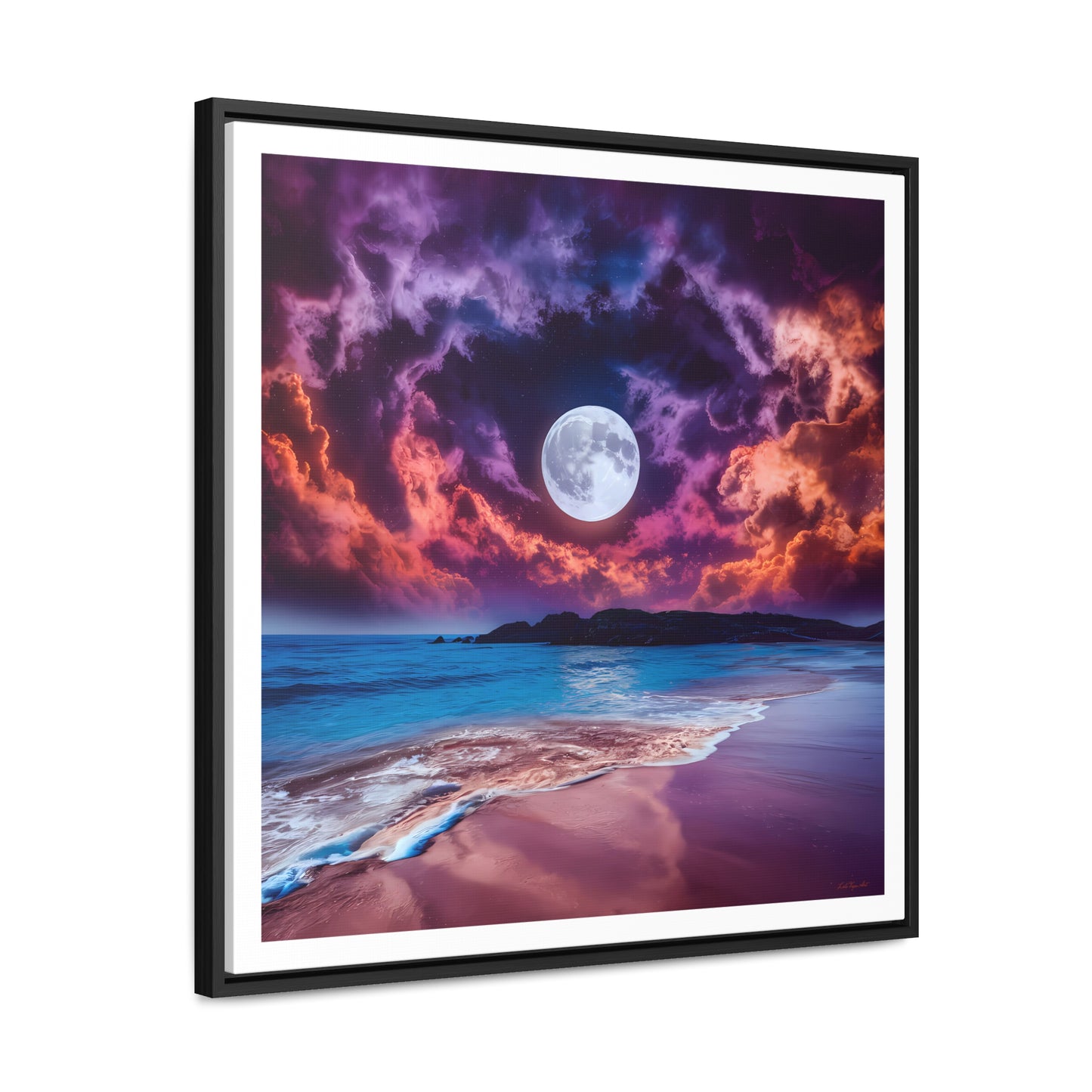 Beach Moon Square Canvas Wall Art, Ocean Night Sky Decor, Gallery Frame Print, Purple Orange Moonlight Photography, Coastal Home Gift - LOLA VEGAS ART