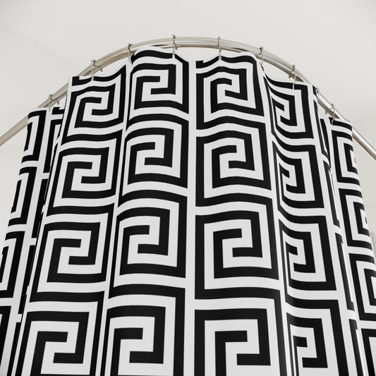 Black White Greek Key Shower Curtain | Geometric Bathroom Decor Glam Bathroom Accessory