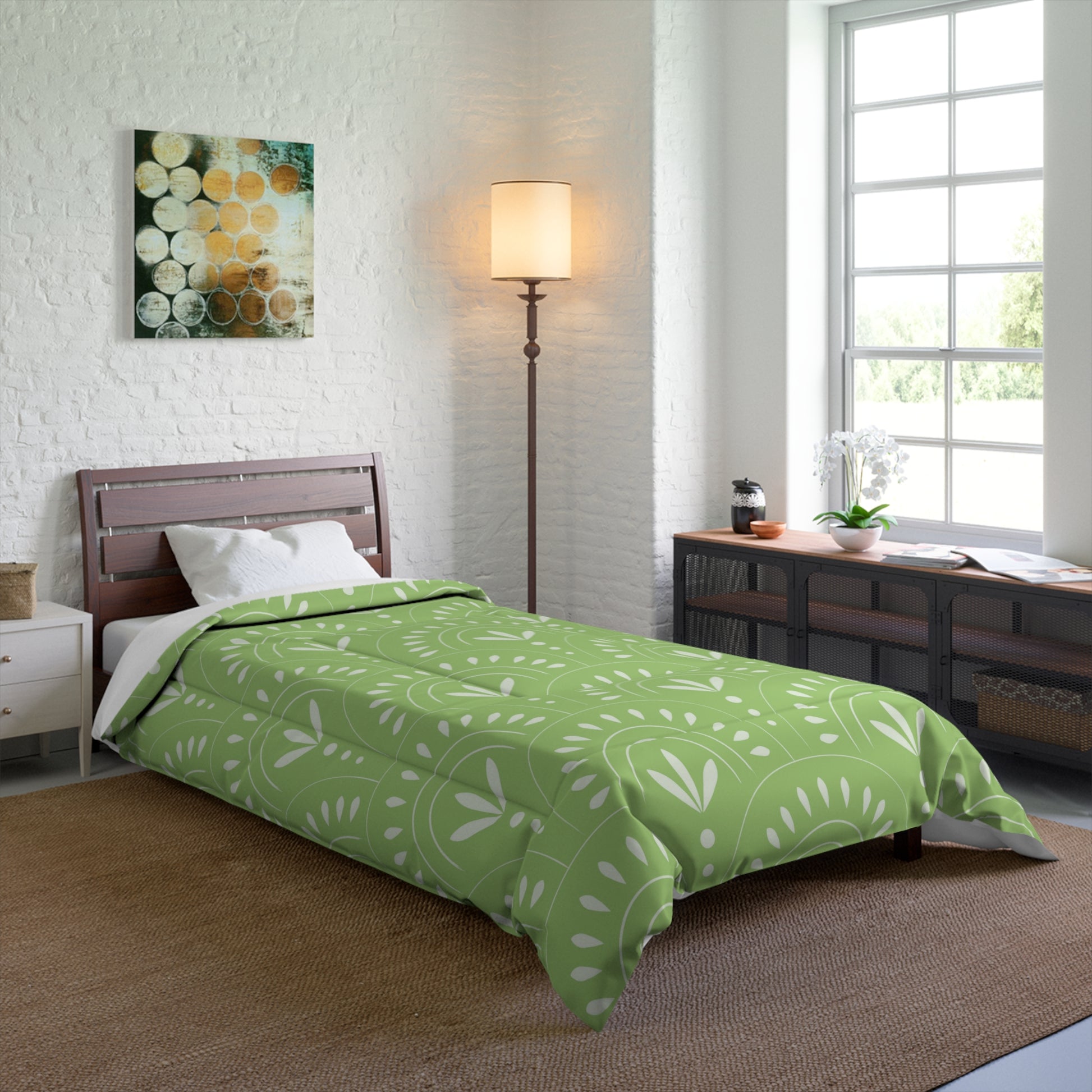Boho Chic Comforter | Cozy Green Floral Duvet, Modern Bedroom Decor, Home Bedding, Eco-Friendly Textile - LOLA VEGAS ART