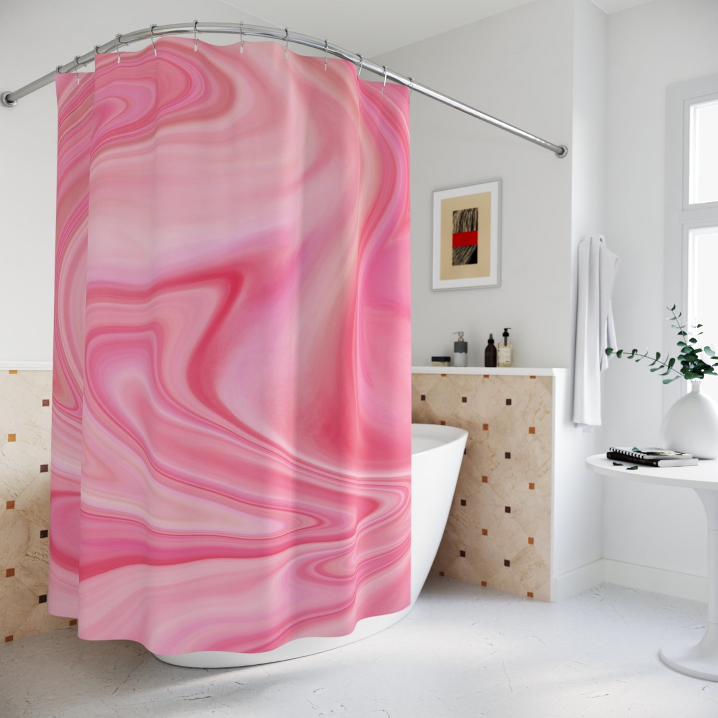 Abstract Pink Shower Curtain, Bohemian Bathroom Decor, Modern Home Accessory, Gift for Her, Relaxing Oasis, Pink and Whiet Swirl - LOLA VEGAS ART