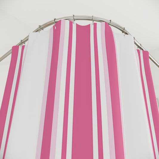 Pink Stripe Shower Curtain | Vertical Pink White Striped Bathroom Curtain