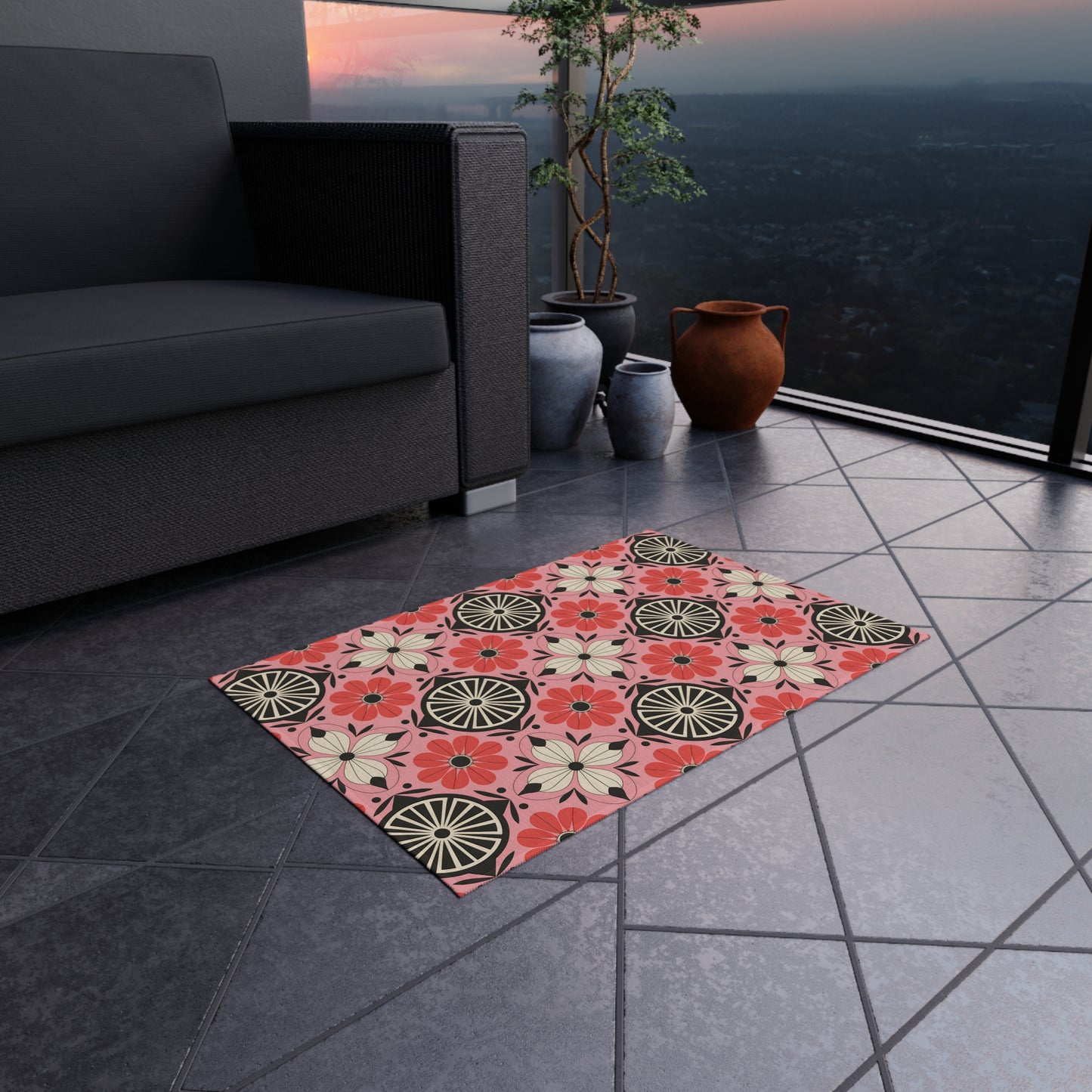 Pink, black and White Colorful Floral Outdoor/Indoor Rug, Garden Decor, Patio Mat, Boho Style Area Carpet, Eco-Friendly Home Accent