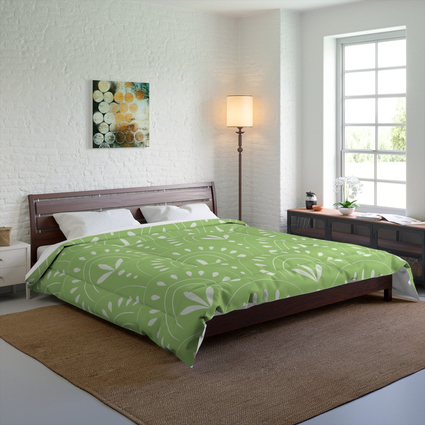 Boho Chic Comforter | Cozy Green Floral Duvet, Modern Bedroom Decor, Home Bedding, Eco-Friendly Textile - LOLA VEGAS ART