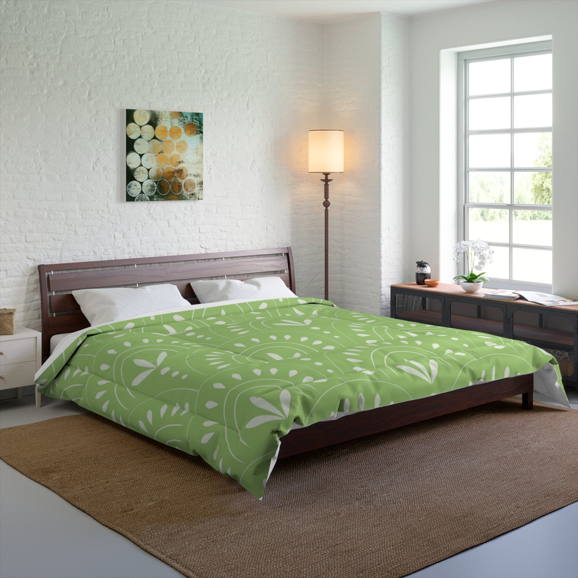 Boho Chic Comforter | Cozy Green Floral Duvet, Modern Bedroom Decor, Home Bedding, Eco-Friendly Textile - LOLA VEGAS ART